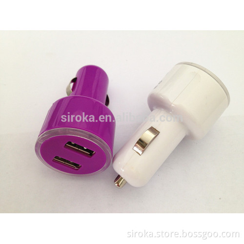 Manufacturers wholesale high quality double USB car charger 5V 2.1A+1A colored mini 2 ports car charger for mobile phone